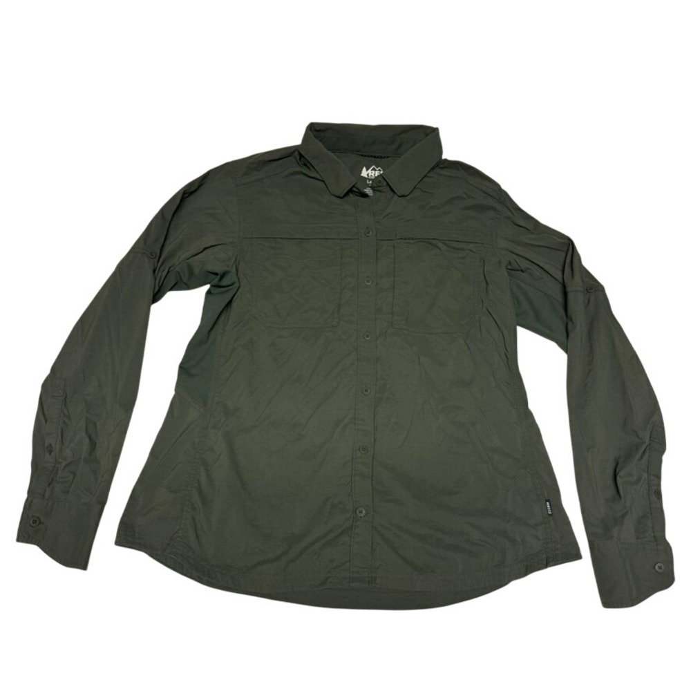 REI Co-op Sahara Womens Large Long Sleeve Hiking Shirt Olive Green Roll Tab L